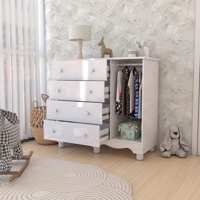 Cômoda Infantil Sueño 1 Porta 4 Gavetas 100% Mdf Branco Brilho - Panorama Móveis