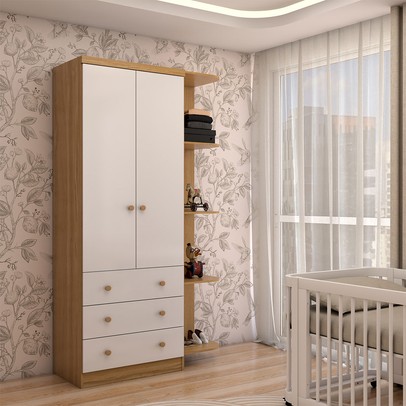 Guarda-Roupa de Bebê Sueño 2 Portas 3 Gavetas 5 Prateleiras 100% Mdf Branco/Amêndoa - Panorama Móveis