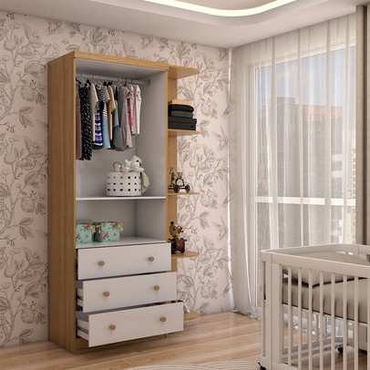 Guarda-Roupa de Bebê Sueño 2 Portas 3 Gavetas 5 Prateleiras 100% Mdf Branco/Amêndoa - Panorama Móveis