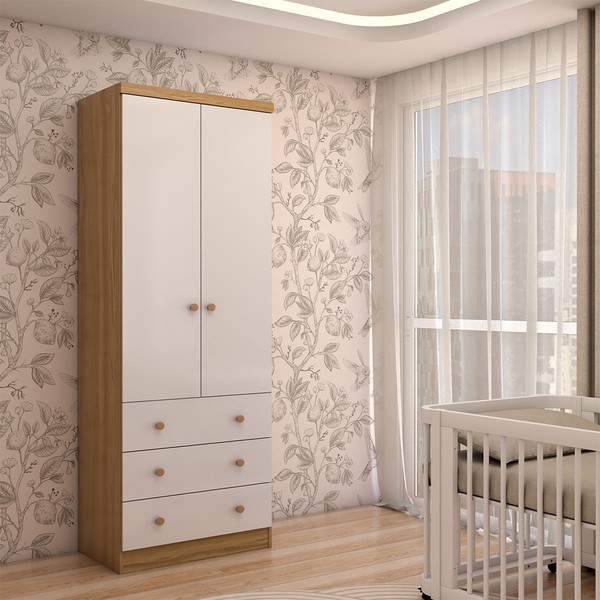 Guarda-Roupa de Bebê Sueño 2 Portas 3 Gavetas 100% Mdf Branco Brilho/Amêndoa - Panorama Móveis