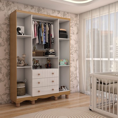 Guarda-Roupa de Bebê Sueño 4 Portas 3 Gavetas 100% Mdf Branco Brilho/Amêndoa - Panorama Móveis