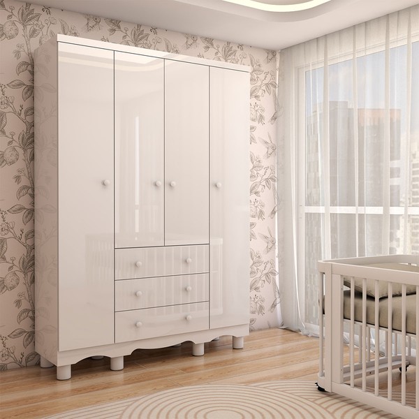 Guarda-Roupa de Bebê Sueño 4 Portas 3 Gavetas 100% Mdf Branco Brilho - Panorama Móveis