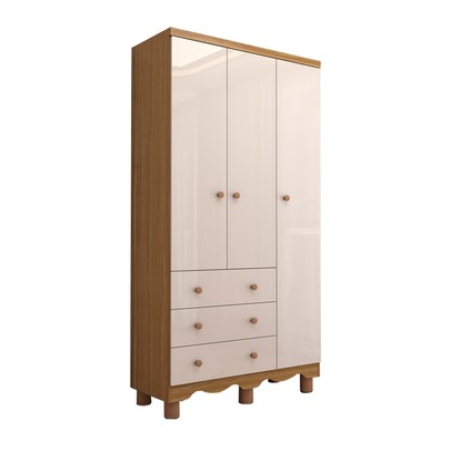 Guarda-Roupa de Bebê Sueño 3 Portas 3 Gavetas 100% Mdf Branco Brilho/Amêndoa - Panorama Móveis
