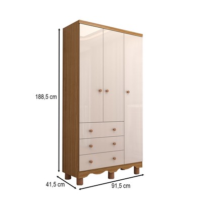Guarda-Roupa de Bebê Sueño 3 Portas 3 Gavetas 100% Mdf Branco Brilho/Amêndoa - Panorama Móveis