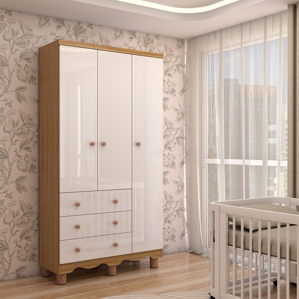 Guarda-Roupa de Bebê Sueño 3 Portas 3 Gavetas 100% Mdf Branco Brilho/Amêndoa - Panorama Móveis