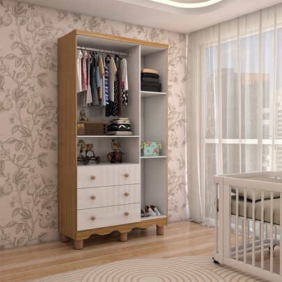 Guarda-Roupa de Bebê Sueño 3 Portas 3 Gavetas 100% Mdf Branco Brilho/Amêndoa - Panorama Móveis