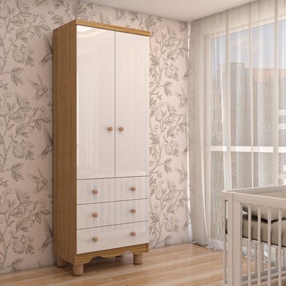 Guarda-Roupa de Bebê Sueño 2 Portas 3 Gavetas 100% Mdf Branco Brilho/Amêndoa - Panorama Móveis