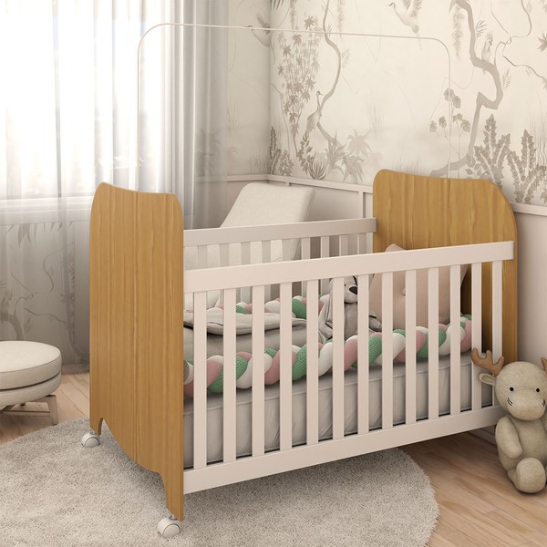 Berço Americano Sueño com Rodízios 100% Mdf Branco Brilho/Amêndoa - Panorama Móveis