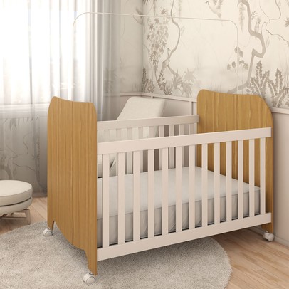 Berço Americano Sueño com Rodízios 100% Mdf Branco Brilho/Amêndoa - Panorama Móveis