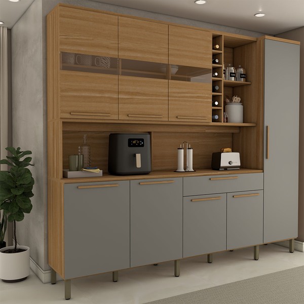 Cozinha Compacta Vanguardia 8 Portas 1 Gaveta 100% Mdf com Vidro Amêndoa/Cinza - Panorama Móveis