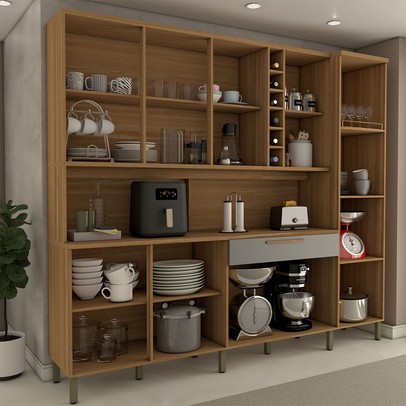 Cozinha Compacta Vanguardia 8 Portas 1 Gaveta 100% Mdf com Vidro Amêndoa/Cinza - Panorama Móveis