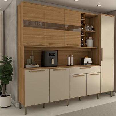 Cozinha Compacta Vanguardia 8 Portas 1 Gaveta 100% Mdf com Vidro Amêndoa/Off White - Panorama Móveis