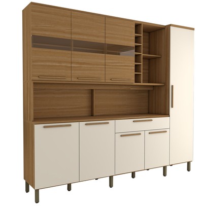 Cozinha Compacta Vanguardia 8 Portas 1 Gaveta 100% Mdf com Vidro Amêndoa/Branco - Panorama Móveis