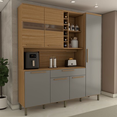 Cozinha Compacta Vanguardia 6 Portas 1 Gaveta 100% Mdf com Vidro Amêndoa/Cinza - Panorama Móveis