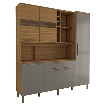 Cozinha Compacta Vanguardia 6 Portas 1 Gaveta 100% Mdf com Vidro Amêndoa/Cinza - Panorama Móveis
