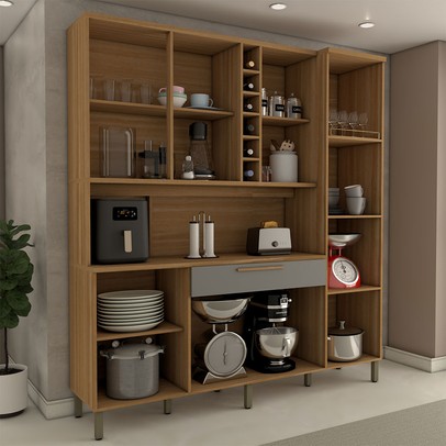 Cozinha Compacta Vanguardia 6 Portas 1 Gaveta 100% Mdf com Vidro Amêndoa/Cinza - Panorama Móveis