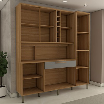 Cozinha Compacta Vanguardia 6 Portas 1 Gaveta 100% Mdf com Vidro Amêndoa/Cinza - Panorama Móveis