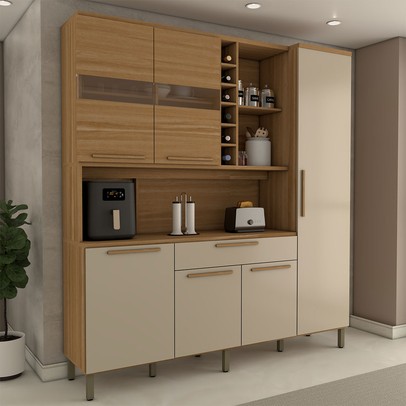 Cozinha Compacta Vanguardia 6 Portas 1 Gaveta 100% Mdf com Vidro Amêndoa/Off White - Panorama Móveis