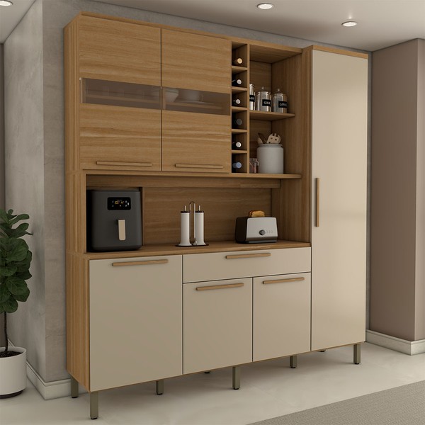 Cozinha Compacta Vanguardia 6 Portas 1 Gaveta 100% Mdf com Vidro Amêndoa/Off White - Panorama Móveis
