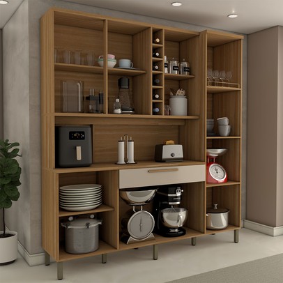 Cozinha Compacta Vanguardia 6 Portas 1 Gaveta 100% Mdf com Vidro Amêndoa/Off White - Panorama Móveis