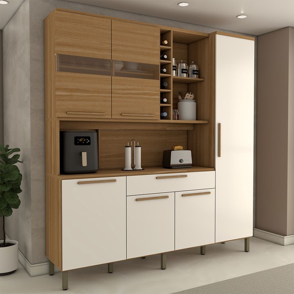 Cozinha Compacta Vanguardia 6 Portas 1 Gaveta 100% Mdf com Vidro Amêndoa/Branco - Panorama Móveis