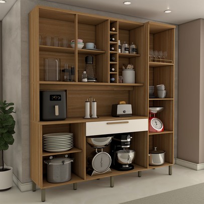 Cozinha Compacta Vanguardia 6 Portas 1 Gaveta 100% Mdf com Vidro Amêndoa/Branco - Panorama Móveis