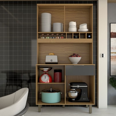 Cozinha Compacta Luz 1 Gaveta 4 Portas 100% Mdf Amêndoa/Chumbo - Panorama Móveis