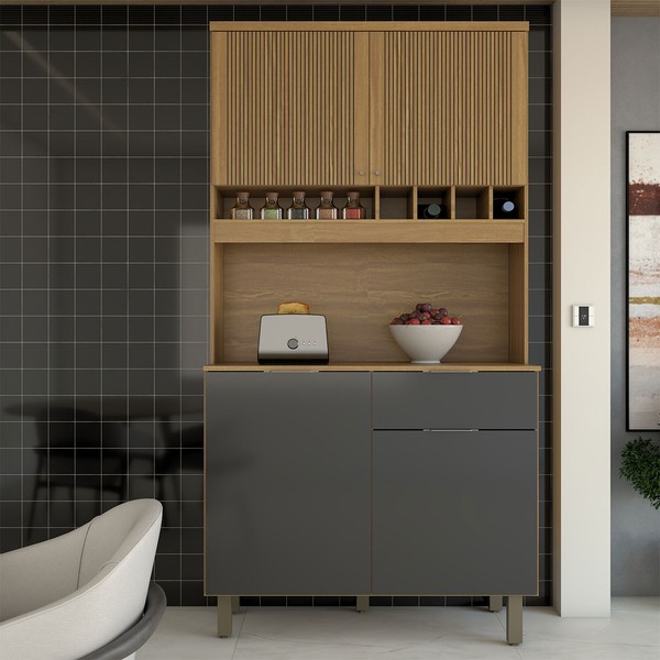 Cozinha Compacta Luz 1 Gaveta 4 Portas 100% Mdf Amêndoa/Chumbo - Panorama Móveis