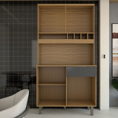 Cozinha Compacta Luz 1 Gaveta 4 Portas 100% Mdf Amêndoa/Chumbo - Panorama Móveis