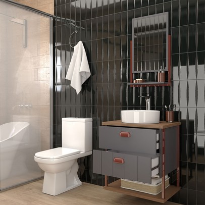 Armário de Banheiro Cielo 60cm 2 Gavetas C/ Espelheira 100% Mdf Titanium/Freijó - Panorama Móveis