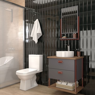 Armário de Banheiro Cielo 60cm 2 Gavetas C/ Espelheira 100% Mdf Titanium/Freijó - Panorama Móveis