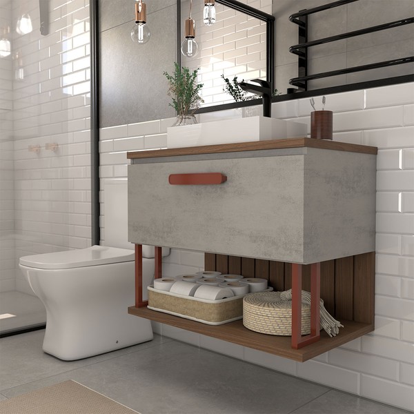 Armário de Banheiro Grandeza 80 Cm 1 Porta 100% Mdf Cimento/Freijó - Panorama Móveis