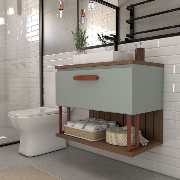 Armário de Banheiro Grandeza 80 Cm 1 Porta 100% Mdf Pistache/Freijó - Panorama Móveis