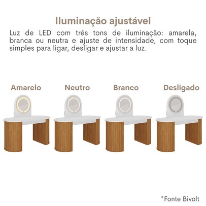 Penteadeira Glamour 1 Gaveta com Espelho e Led Branco/Freijó - Artany Móveis