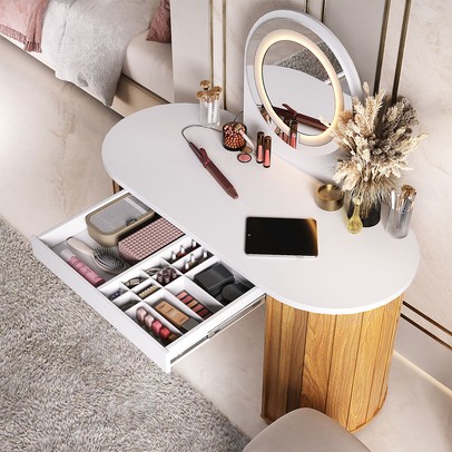 Penteadeira Glamour 1 Gaveta com Espelho e Led Branco/Freijó - Artany Móveis