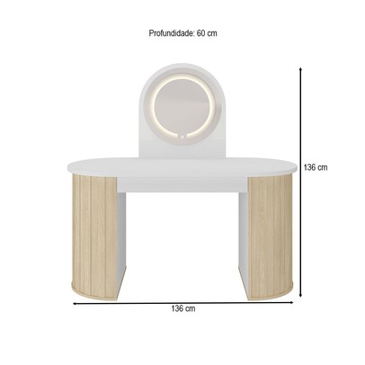 Penteadeira Glamour 1 Gaveta com Espelho e Led Branco/Carvalho - Artany Móveis
