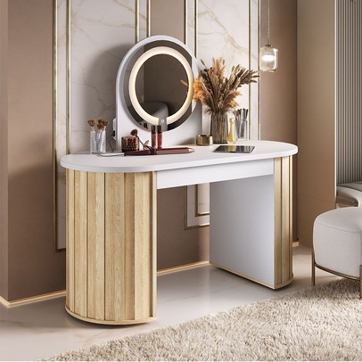 Penteadeira Glamour 1 Gaveta com Espelho e Led Branco/Carvalho - Artany Móveis