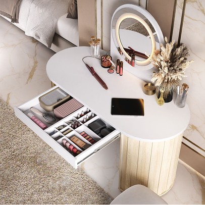 Penteadeira Glamour 1 Gaveta com Espelho e Led Branco/Carvalho - Artany Móveis
