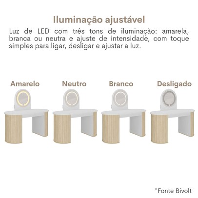 Penteadeira Glamour 1 Gaveta com Espelho e Led Branco/Carvalho - Artany Móveis