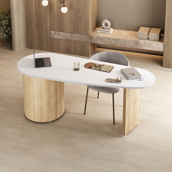 Mesa para Escritório Ovale 4 Gavetas Branco/Carvalho - Artany Móveis