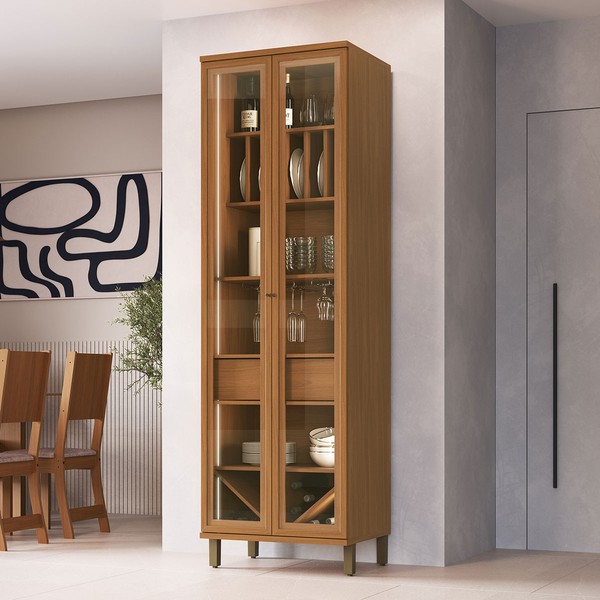 Cristaleira Munique 2 Portas 1 Gaveta com Vidro e Led Freijo - Indekes