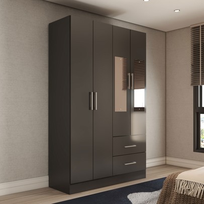 Guarda-Roupa Solteiro Paraná 4 Portas 2 Gavetas com Espelho Preto - Panorama Móveis