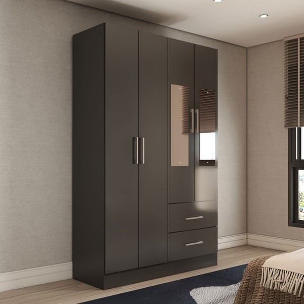 Guarda-Roupa Solteiro Paraná 4 Portas 2 Gavetas com Espelho Preto - Panorama Móveis