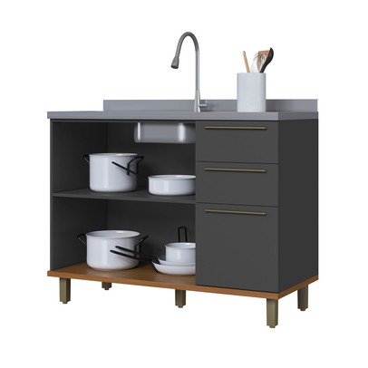 Balcão de Cozinha para Pia 120cm Munique 2 Portas 3 Gavetas Chumbo  - Indekes