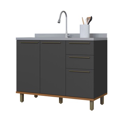 Balcão de Cozinha para Pia 120cm Munique 2 Portas 3 Gavetas Chumbo  - Indekes