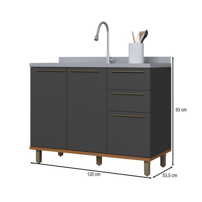 Balcão de Cozinha para Pia 120cm Munique 2 Portas 3 Gavetas Chumbo  - Indekes