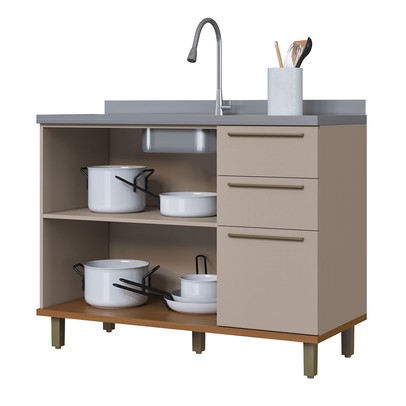 Balcão de Cozinha para Pia 120cm Munique 2 Portas 3 Gavetas Camurça - Indekes