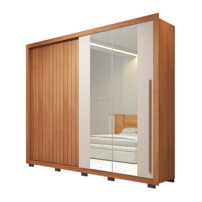 Guarda-Roupa Casal Romanus 2 Portas 4 Gavetas com Espelho Ripado Freijó/Off White - Caemmun