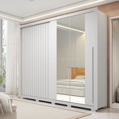 Guarda-Roupa Casal Romanus 2 Portas 4 Gavetas com Espelho Ripado Branco - Caemmun