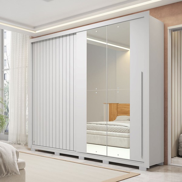 Guarda-Roupa Casal Romanus 2 Portas 4 Gavetas com Espelho Ripado Branco - Caemmun